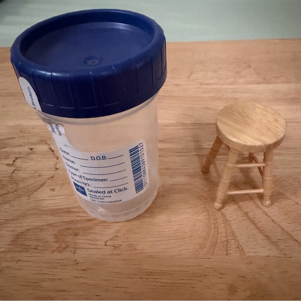 Miniature Wooden Stool and Plastic Container